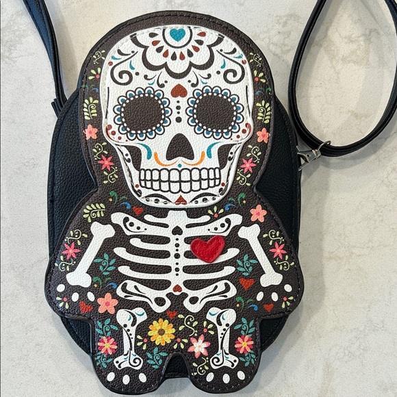 Sleepyville Critters Floral Sugar Skull Skeleton Bones Cross Body Bag Purse EUC! - Picture 4 of 13